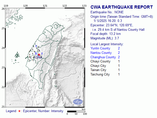 1/5 16:20 M<sub>L</sub> 3.7 23.64N 120.69E, i.e. 29.4 km S of Nantou County
