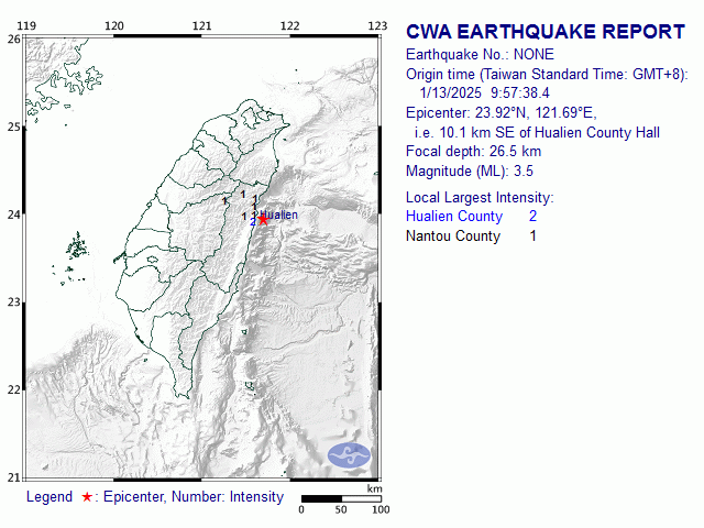 1/13 9:57 M<sub>L</sub> 3.5 23.92N 121.69E, i.e. 10.1 km SE of Hualien County