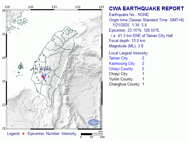 1/21 1:34 M<sub>L</sub> 3.8 23.15N 120.55E, i.e. 41.3 km ENE of Tainan City