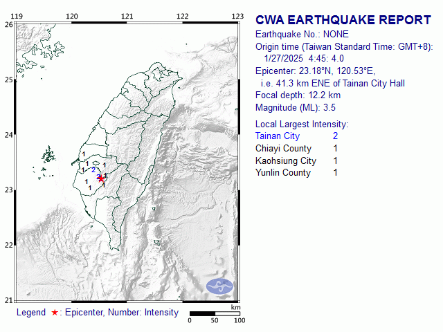 1/27 4:45 M<sub>L</sub> 3.5 23.18N 120.53E, i.e. 41.3 km ENE of Tainan City