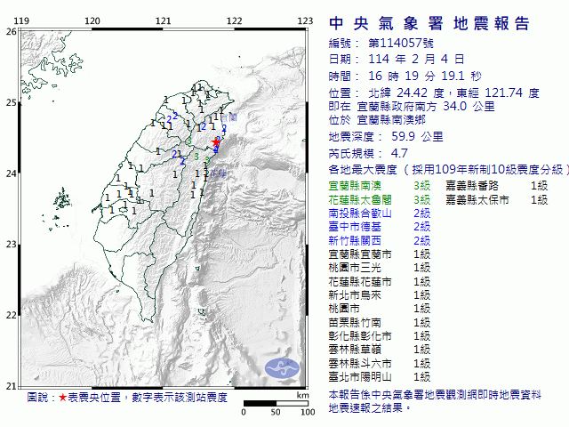 2月4日16時19分 規模 4.7 宜蘭縣政府南方  34.0  公里 (位於宜蘭縣南澳鄉)