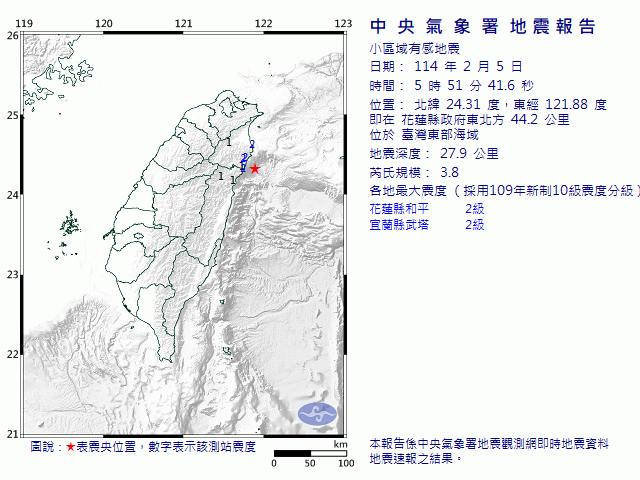 2月5日5時51分 規模 3.8 花蓮縣政府東北方  44.2  公里 (位於臺灣東部海域)