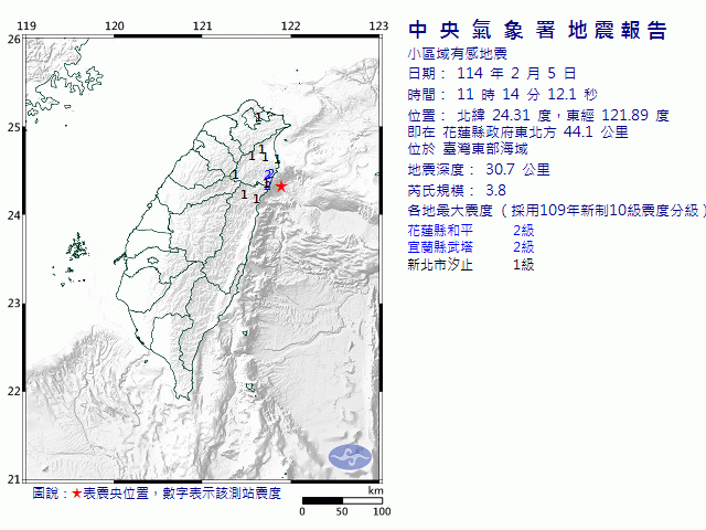 2月5日11時14分 規模 3.8 花蓮縣政府東北方  44.1  公里 (位於臺灣東部海域)