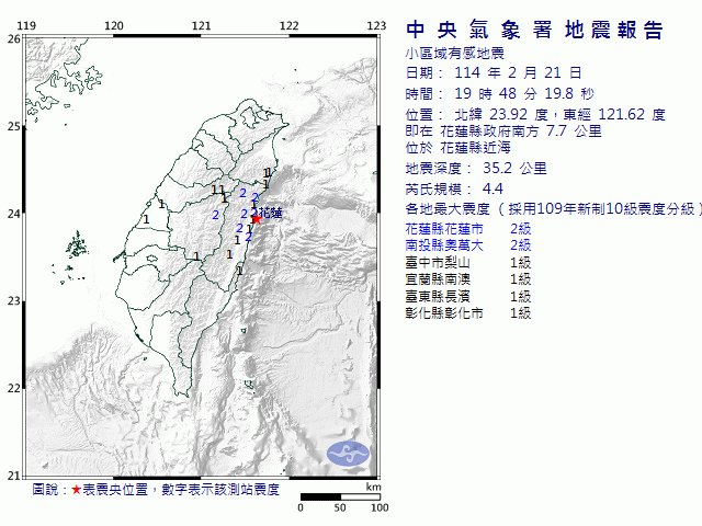 2月21日19時48分 規模 4.4 花蓮縣政府南方  7.7  公里 (位於花蓮縣近海)