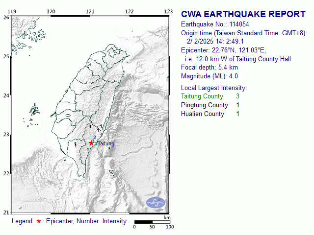 2/2 14:2 M<sub>L</sub> 4 22.76N 121.03E, i.e. 12.0 km W of Taitung County