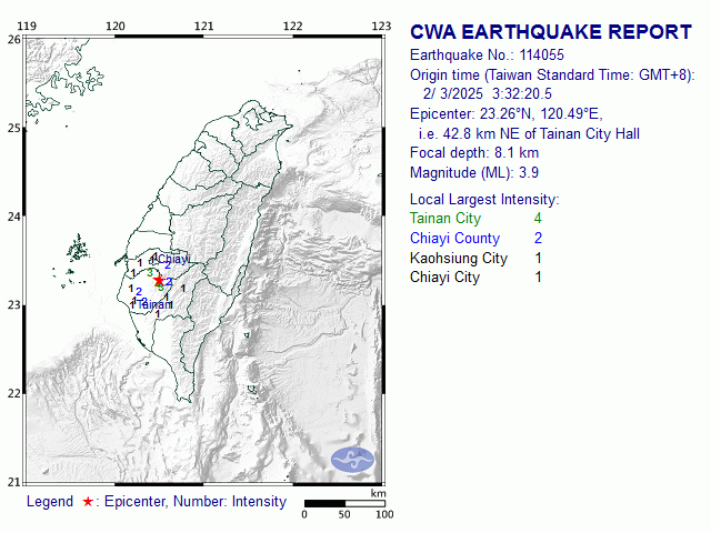 2/3 3:32 M<sub>L</sub> 3.9 23.26N 120.49E, i.e. 42.8 km NE of Tainan City