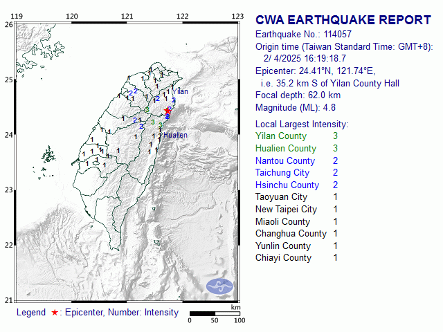 2/4 16:19 M<sub>L</sub> 4.8 24.41N 121.74E, i.e. 35.2 km S of Yilan County