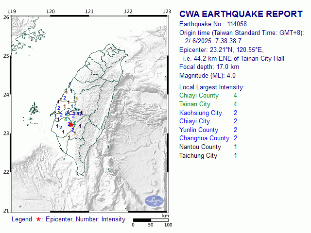 2/6 7:38 M<sub>L</sub> 4 23.21N 120.55E, i.e. 44.2 km ENE of Tainan City