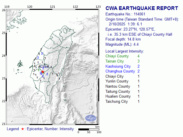 2/10 1:39 M<sub>L</sub> 4.4 23.27N 120.57E, i.e. 35.3 km ESE of Chiayi County
