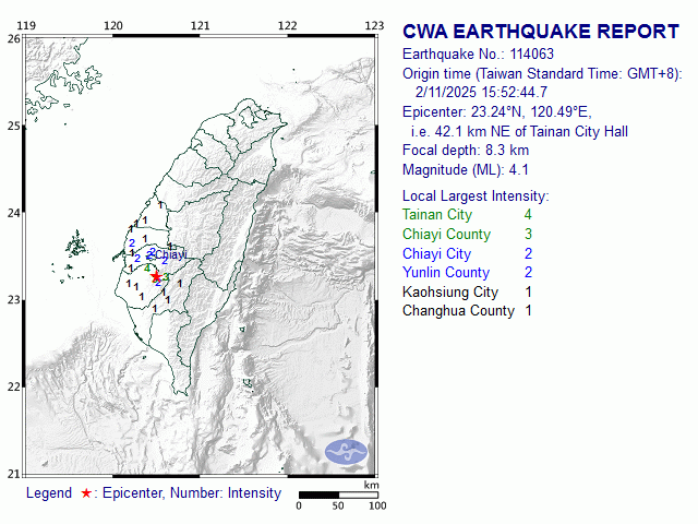 2/11 15:52 M<sub>L</sub> 4.1 23.24N 120.49E, i.e. 42.1 km NE of Tainan City