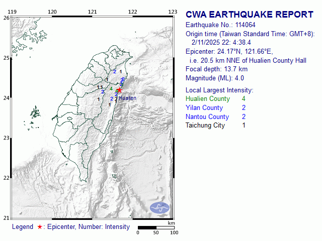 2/11 22:4 M<sub>L</sub> 4 24.17N 121.66E, i.e. 20.5 km NNE of Hualien County