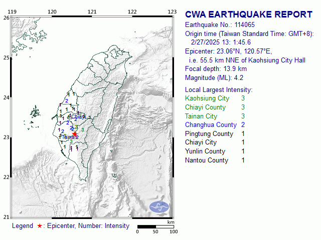 2/27 13:1 M<sub>L</sub> 4.2 23.06N 120.57E, i.e. 55.5 km NNE of Kaohsiung City