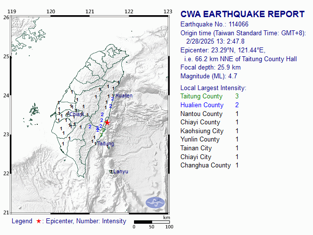 2/28 13:2 M<sub>L</sub> 4.7 23.29N 121.44E, i.e. 66.2 km NNE of Taitung County
