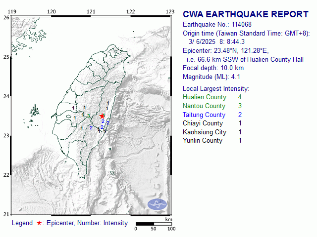 3/6 8:8 M<sub>L</sub> 4.1 23.48N 121.28E, i.e. 66.6 km SSW of Hualien County