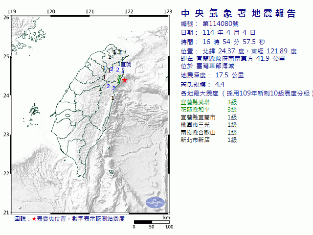 4月4日16時54分 規模 4.4 宜蘭縣政府南南東方  41.9  公里 (位於臺灣東部海域)