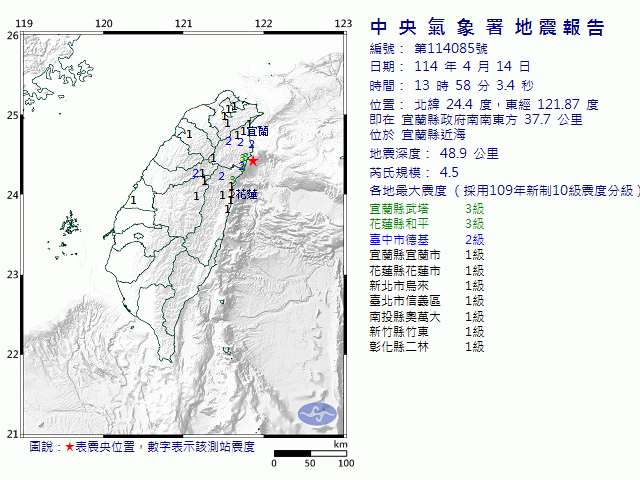 4月14日13時58分 規模 4.5 宜蘭縣政府南南東方  37.7  公里 (位於宜蘭縣近海)