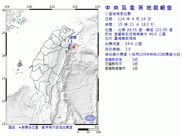 4月14日15時11分 規模 3.9 宜蘭縣政府南南東方  48.3  公里 (位於臺灣東部海域)