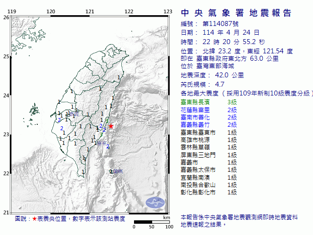4月24日22時20分 規模 4.7 臺東縣政府東北方  63.0  公里 (位於臺灣東部海域)