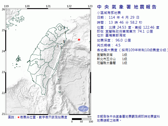 4月29日13時46分 規模 4.5 宜蘭縣政府東南東方  74.1  公里 (位於臺灣東部海域)