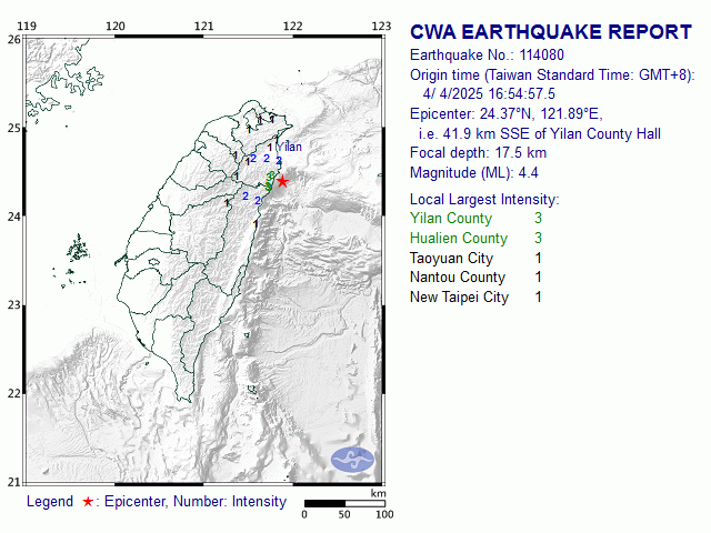 4/4 16:54 M<sub>L</sub> 4.4 24.37N 121.89E, i.e. 41.9 km SSE of Yilan County