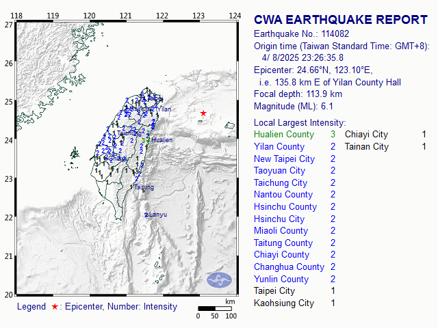 4/8 23:26 M<sub>L</sub> 6.1 24.66N 123.10E, i.e. 135.8 km E of Yilan County