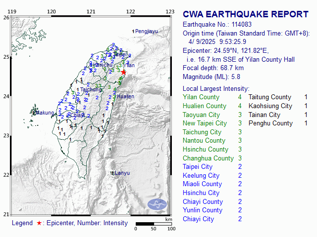 4/9 9:53 M<sub>L</sub> 5.8 24.59N 121.82E, i.e. 16.7 km SSE of Yilan County
