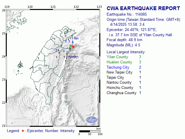 4/14 13:58 M<sub>L</sub> 4.5 24.40N 121.87E, i.e. 37.7 km SSE of Yilan County