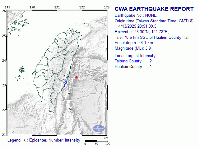 4/13 23:51 M<sub>L</sub> 3.9 23.30N 121.78E, i.e. 78.6 km SSE of Hualien County