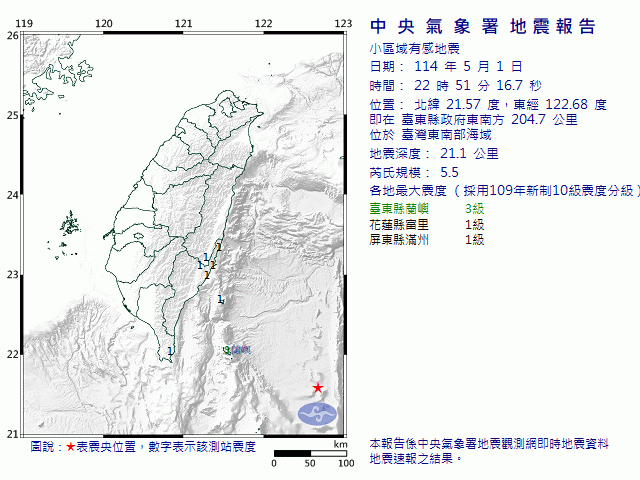 5月1日22時51分 規模 5.5 臺東縣政府東南方  204.7  公里 (位於臺灣東南部海域)