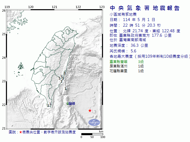 5月1日22時51分 規模 5.6 臺東縣政府東南方  177.6  公里 (位於臺灣東南部海域)