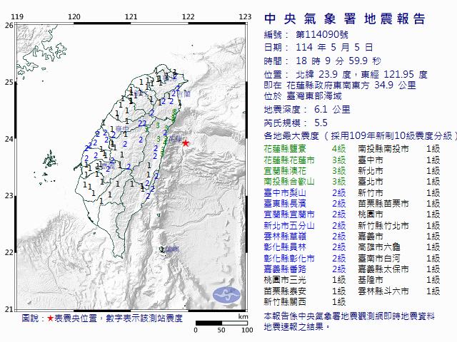 5月5日18時9分 規模 5.5 花蓮縣政府東南東方  34.9  公里 (位於臺灣東部海域)