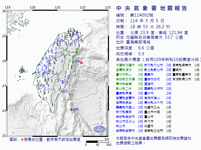 5月5日18時53分 規模 5.9 花蓮縣政府東南東方  33.7  公里 (位於臺灣東部海域)