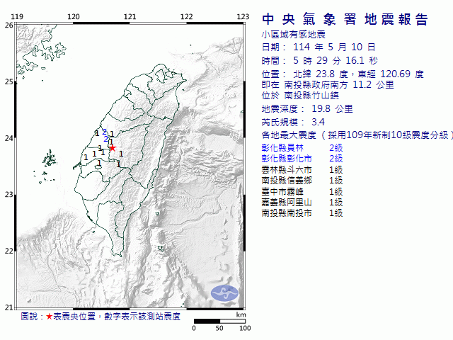 5月10日5時29分 規模 3.4 南投縣政府南方  11.2  公里 (位於南投縣竹山鎮)