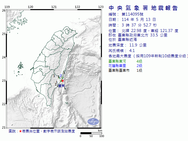 5月13日3時37分 規模 4.1 臺東縣政府東北方  33.5  公里 (位於臺東縣近海)
