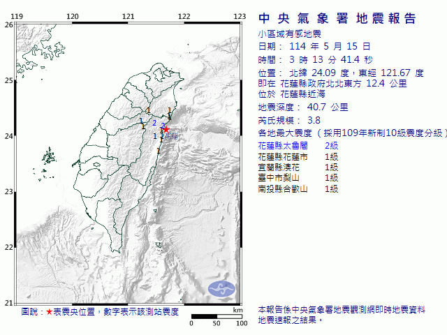 5月15日3時13分 規模 3.8 花蓮縣政府北北東方  12.4  公里 (位於花蓮縣近海)