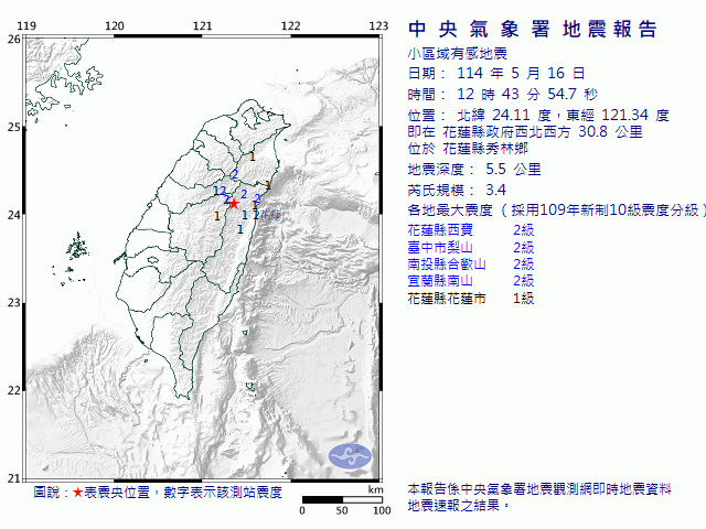 5月16日12時43分 規模 3.4 花蓮縣政府西北西方  30.8  公里 (位於花蓮縣秀林鄉)