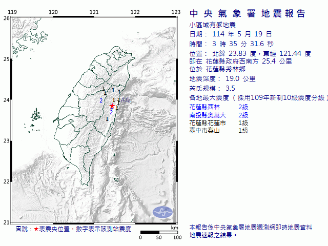 5月19日3時35分 規模 3.5 花蓮縣政府西南方  25.4  公里 (位於花蓮縣秀林鄉)