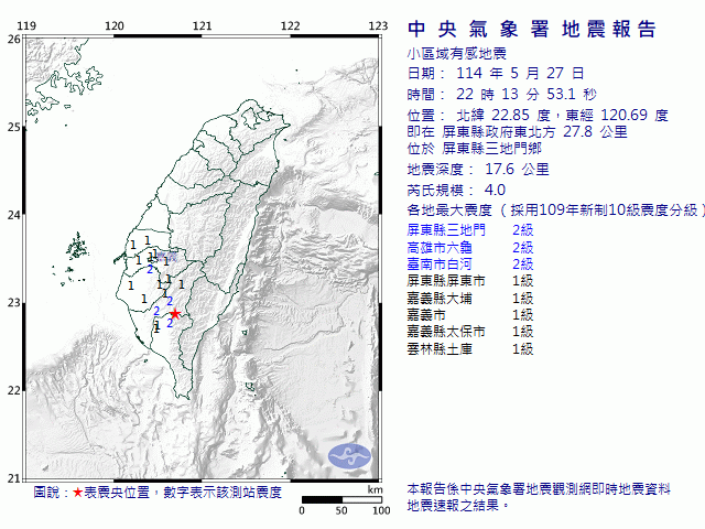 5月27日22時13分 規模 4 屏東縣政府東北方  27.8  公里 (位於屏東縣三地門鄉)