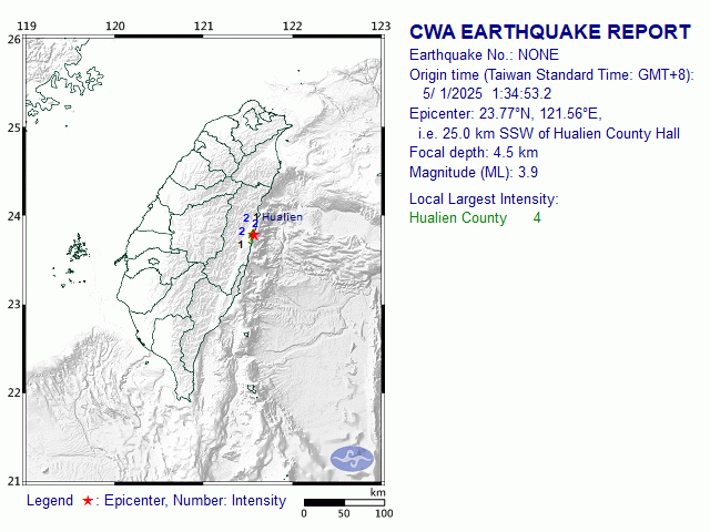 5/1 1:34 M<sub>L</sub> 3.9 23.77N 121.56E, i.e. 25.0 km SSW of Hualien County