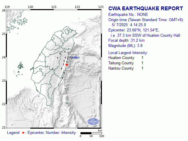 5/7 4:14 M<sub>L</sub> 3.8 23.66N 121.54E, i.e. 37.3 km SSW of Hualien County