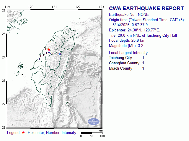 5/14 0:57 M<sub>L</sub> 3.2 24.30N 120.77E, i.e. 20.0 km NNE of Taichung City
