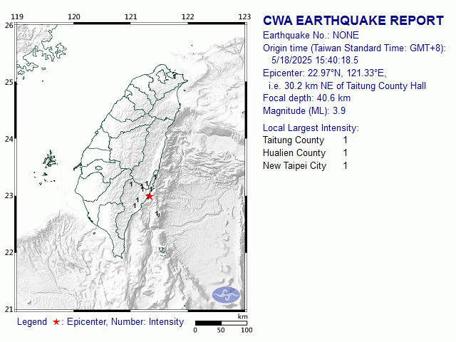 5/18 15:40 M<sub>L</sub> 3.9 22.97N 121.33E, i.e. 30.2 km NE of Taitung County