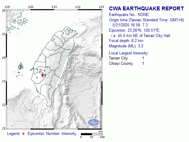 5/21 16:58 M<sub>L</sub> 3.2 23.26N 120.51E, i.e. 45.0 km NE of Tainan City
