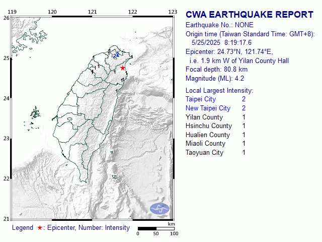 5/25 8:19 M<sub>L</sub> 4.2 24.73N 121.74E, i.e. 1.9 km W of Yilan County