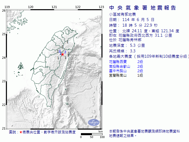 6月5日18時5分 規模 3.3 花蓮縣政府西北西方  31.1  公里 (位於花蓮縣秀林鄉)