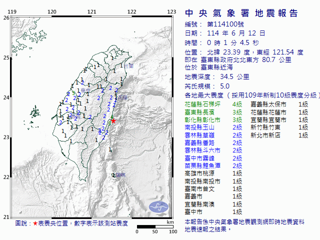 6月12日0時1分 規模 5 臺東縣政府北北東方  80.7  公里 (位於臺東縣近海)