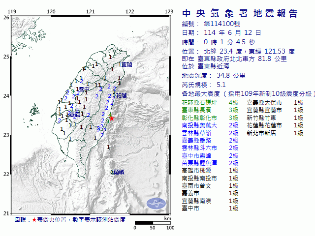 6月12日0時1分 規模 5.1 臺東縣政府北北東方  81.8  公里 (位於臺東縣近海)