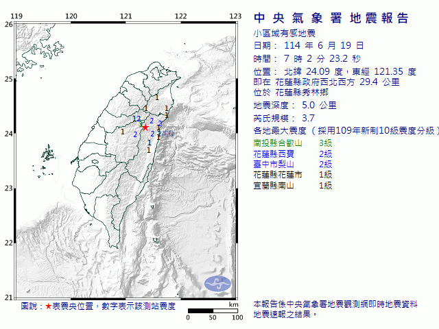 6月19日7時2分 規模 3.7 花蓮縣政府西北西方  29.4  公里 (位於花蓮縣秀林鄉)