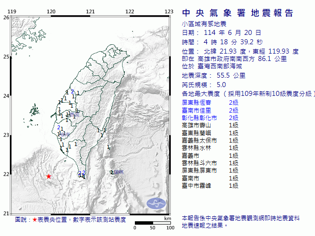 6月20日4時18分 規模 5 高雄市政府南南西方  86.1  公里 (位於臺灣西南部海域)