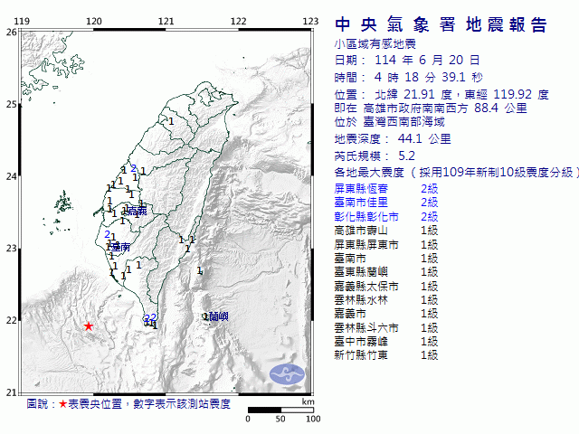 6月20日4時18分 規模 5.2 高雄市政府南南西方  88.4  公里 (位於臺灣西南部海域)